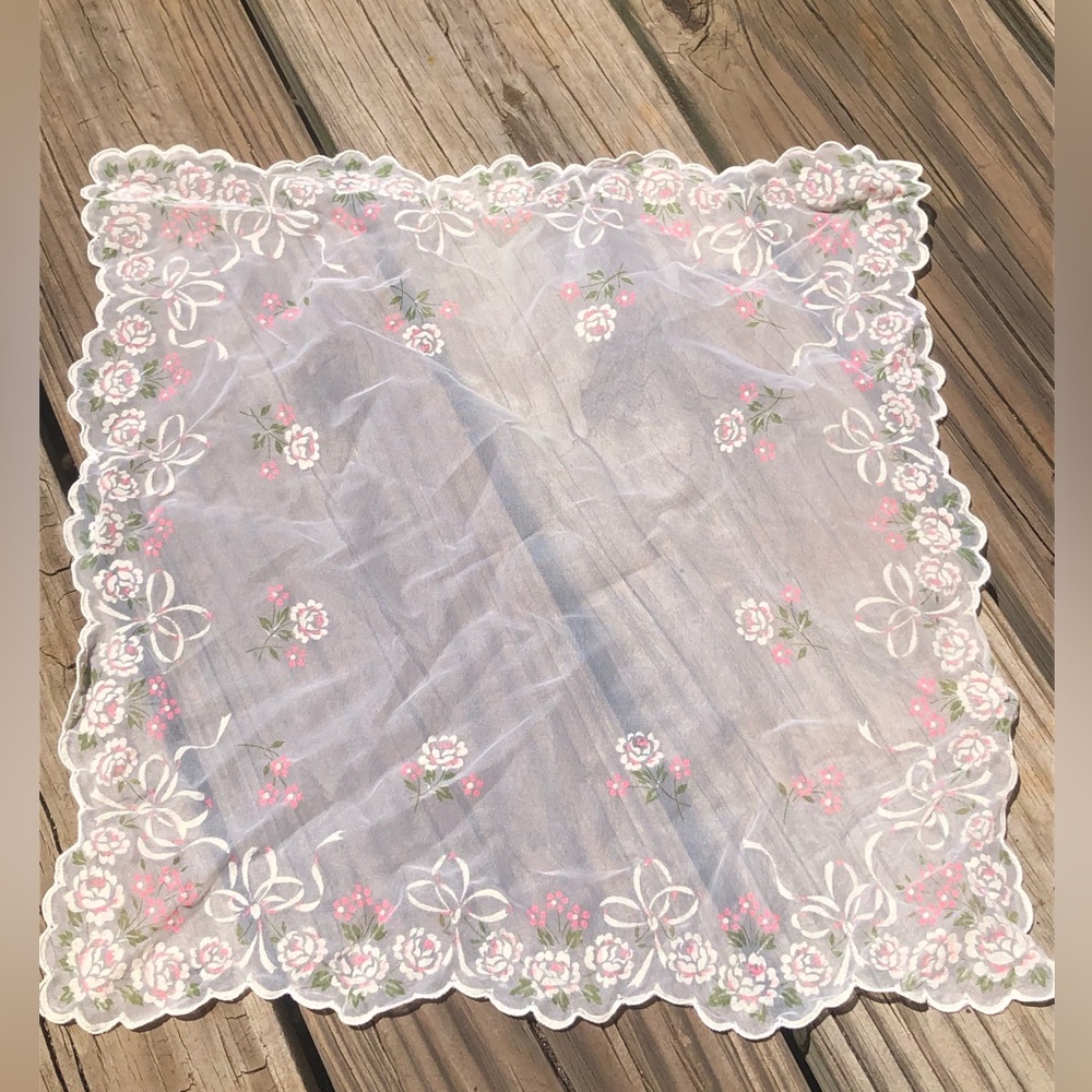 Vintage Flocked Sheer Floral Handkerchief Pink Yellow Green Scalloped 13 x 13”
